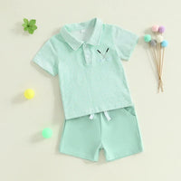 toddler boys mint green shorts set with striped polo shirt and solid shorts size 2T
