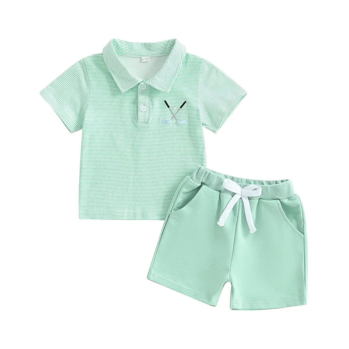 toddler boys mint green shorts set with striped polo shirt and embroidered detail