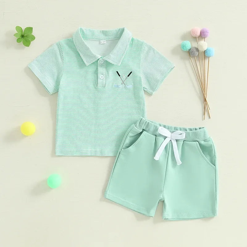 Mint green boys shorts set with striped polo shirt and solid shorts for toddlers