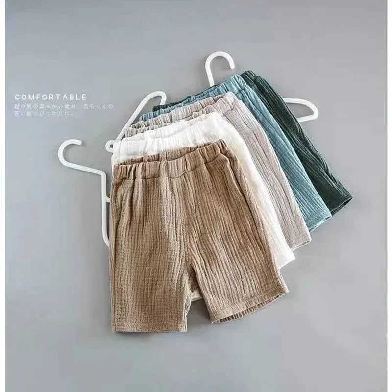 Baby boys and girls shorts set in beige white gray blue and green with textured fabric for toddlers