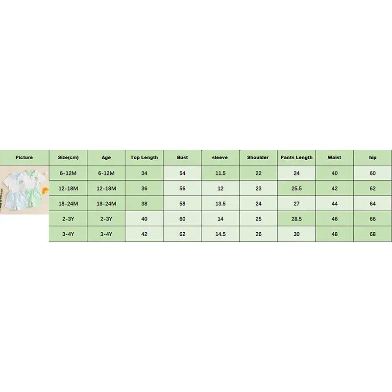 Babies and kids green and white shorts set with short sleeves for ages 6 to 48 months