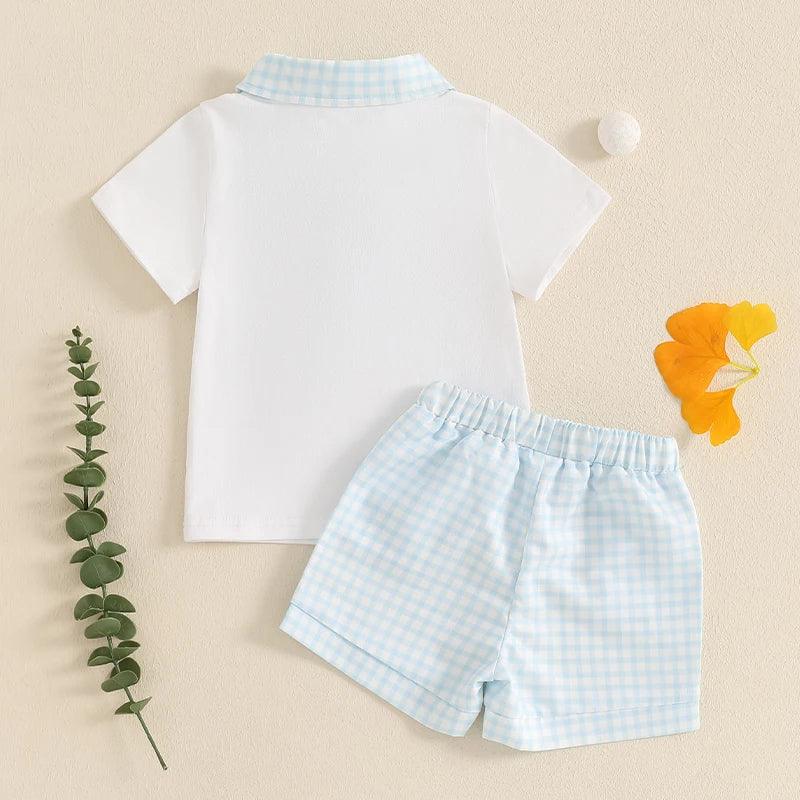 baby boys white short sleeve shirt with blue check collar and blue check shorts set for infants