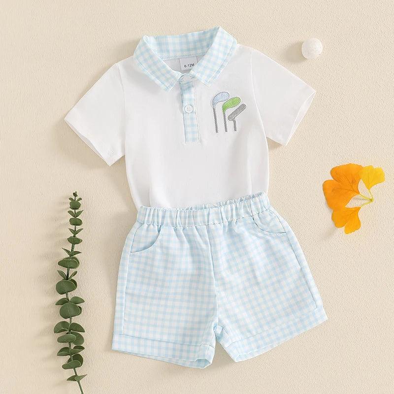 baby boys white and blue gingham shorts set with polo collar and golf club embroidery 6-12 months