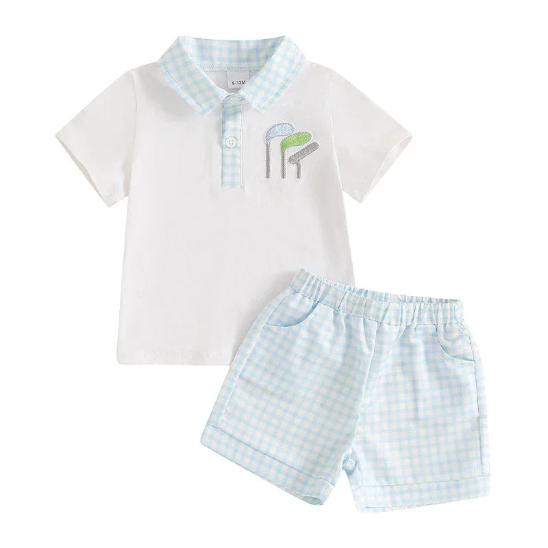 baby boys white and blue plaid shorts set with golf club embroidery and short sleeves
