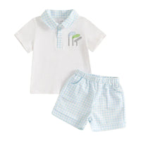 baby boys white and blue plaid shorts set with golf club embroidery and short sleeves