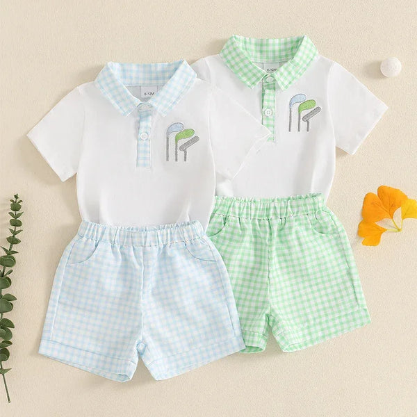 Babies white polo shirt shorts set with blue and green checkered collars and shorts for toddlers
