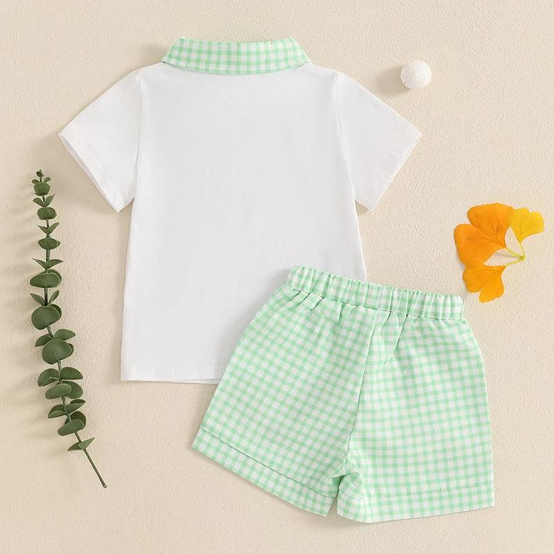 toddler white shirt with green checkered collar and green checkered shorts set for kids