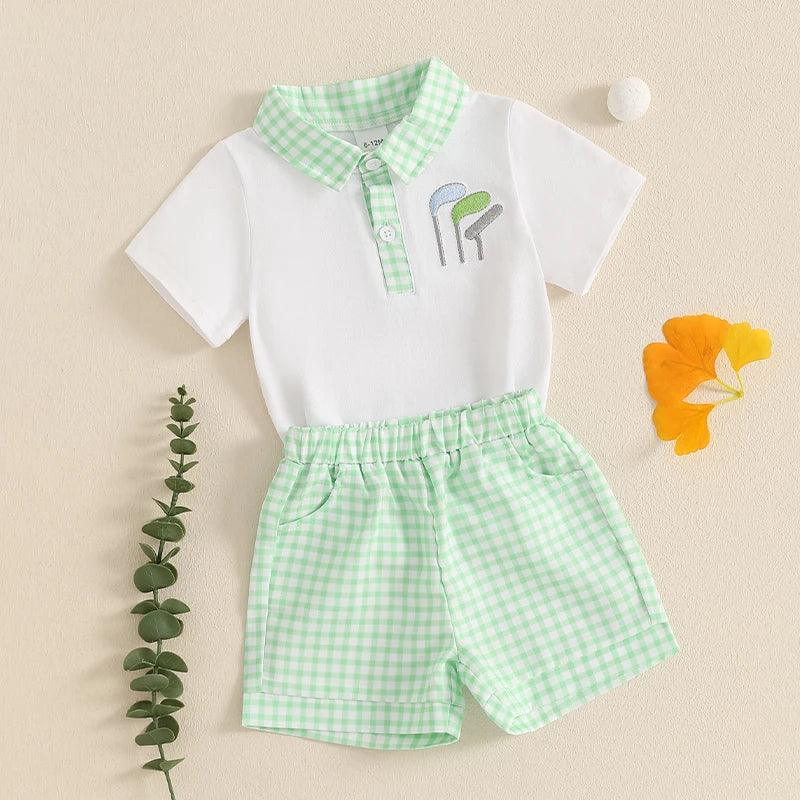 baby boys green and white shorts set with checkered shorts and white polo shirt with golf club embroidery