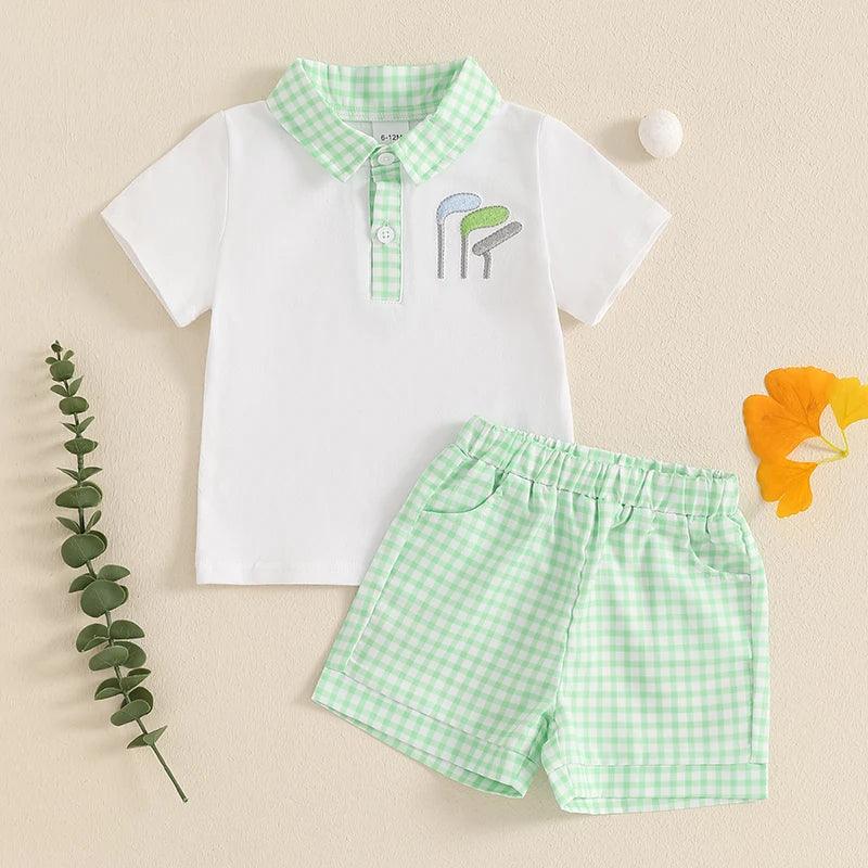 boys white and green checkered collar shorts set with golf club embroidery size 2-3 years