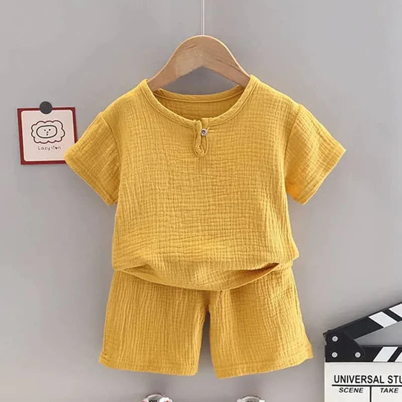 Toddler yellow shorts set with short sleeve top and textured fabric for babies and kids