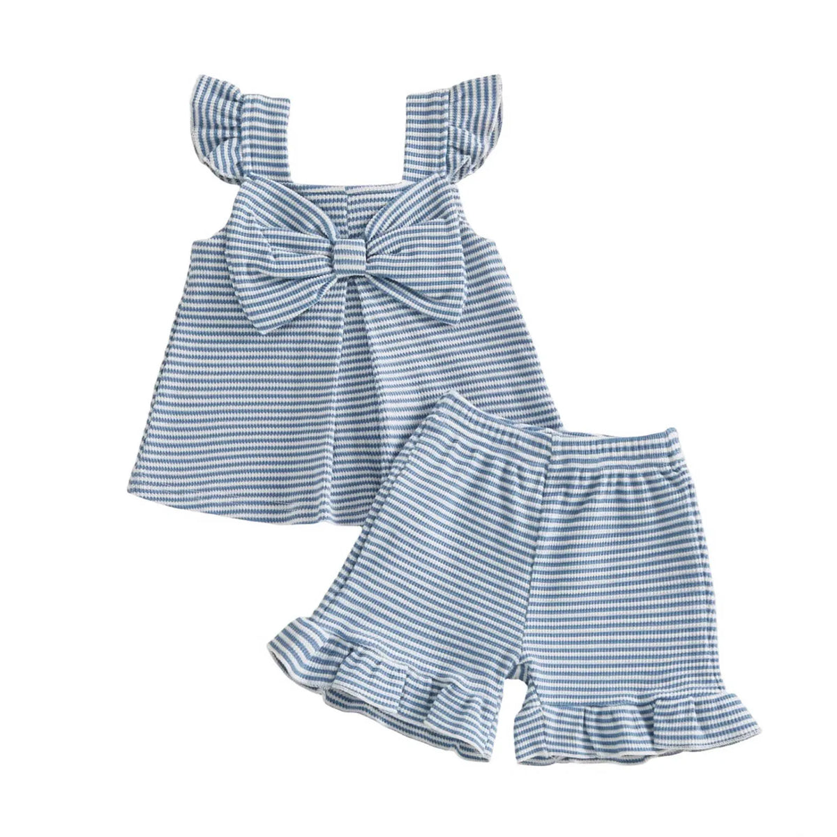 baby girls blue and white striped knit bloomers with ruffle hem and matching bow top