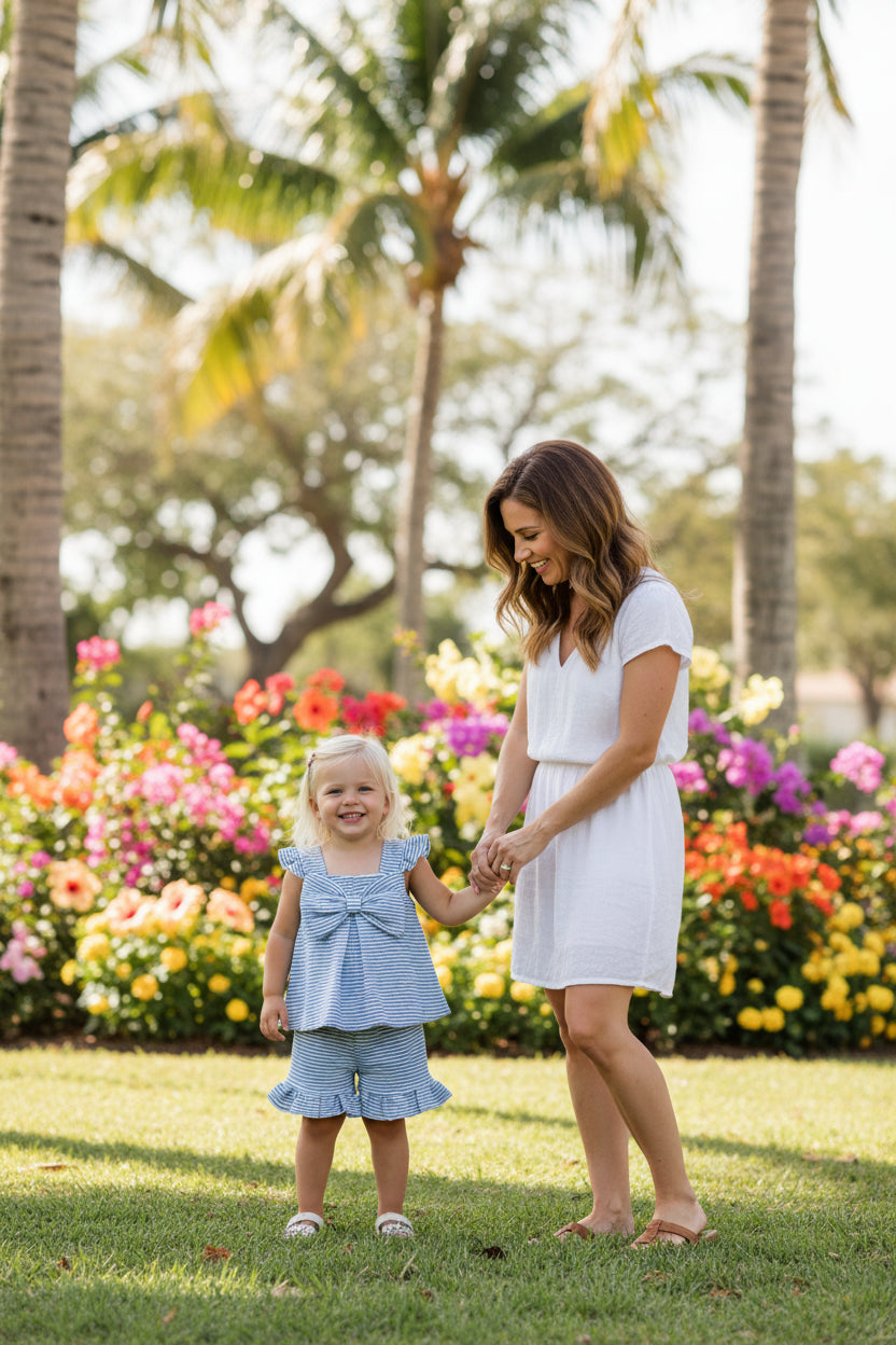 Toddler girl wearing blue knit bloomers with ruffle hem and matching sleeveless top standing outdoors