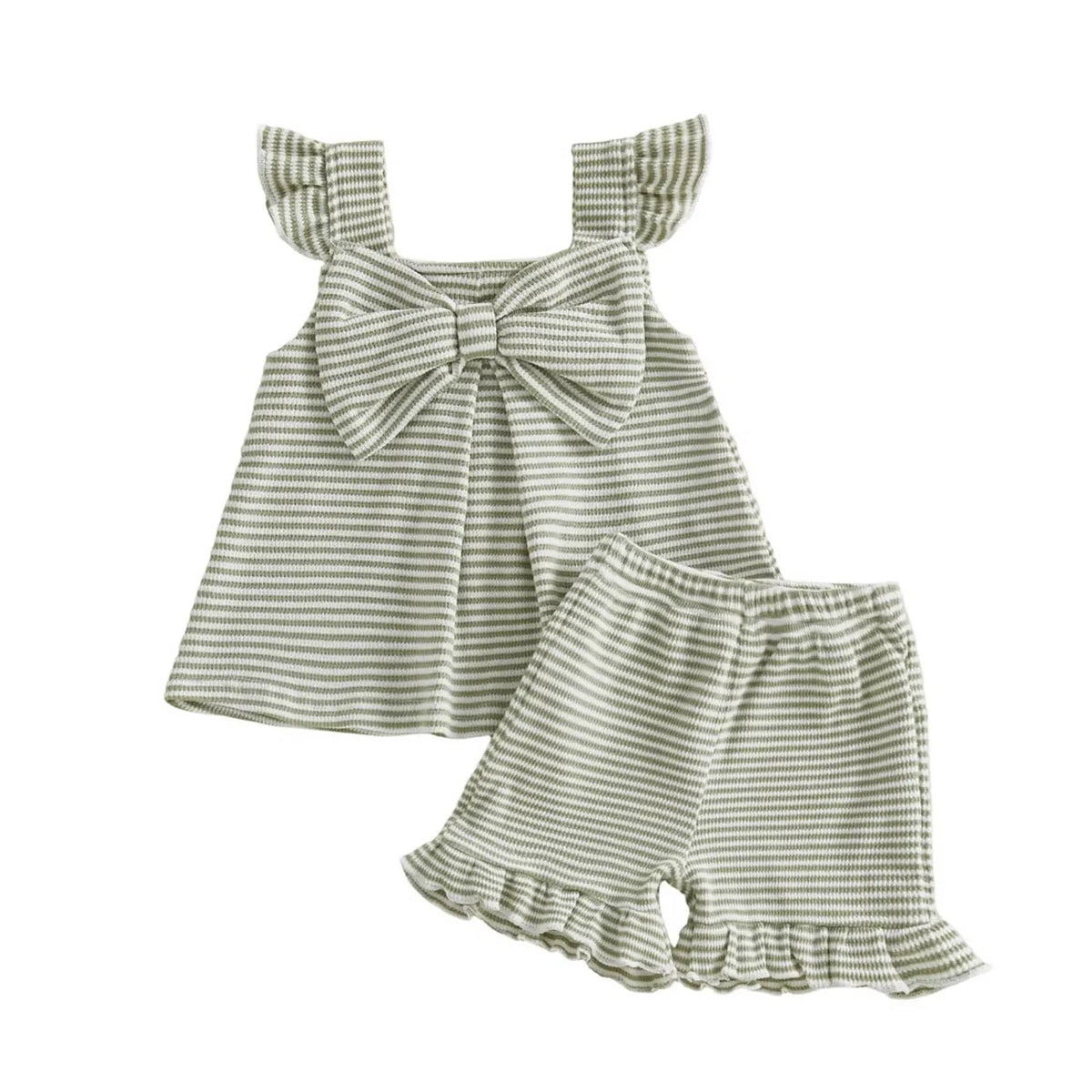 The Palm Beach Baby olive green striped knit bloomers set with ruffled shorts and bow top for babies