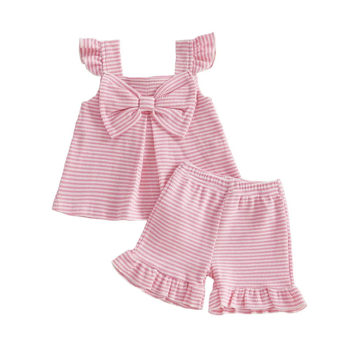 Baby pink knit bloomers and matching top set with large bow and ruffle sleeves for infants