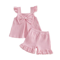 Baby pink knit bloomers and matching top set with large bow and ruffle sleeves for infants