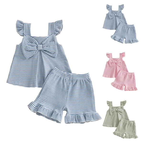 The Palm Beach Baby knit bloomers set for babies with striped top and ruffle shorts in blue pink and green