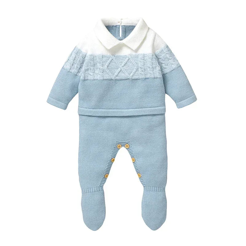 blue and white knit footed romper for infants with collar and button details, newborn size