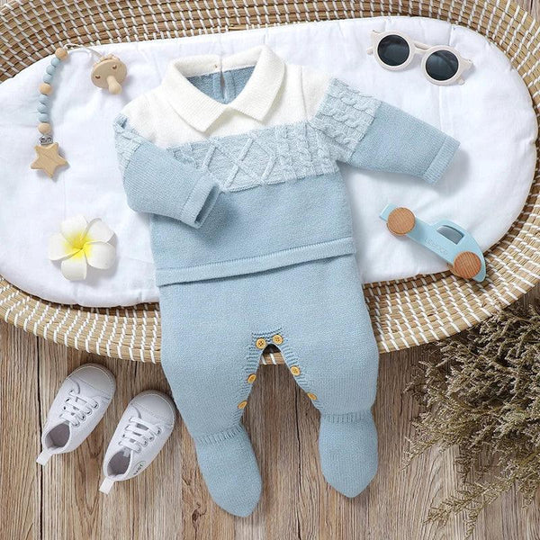 Baby blue and white knit footed romper for infants with collar and button details