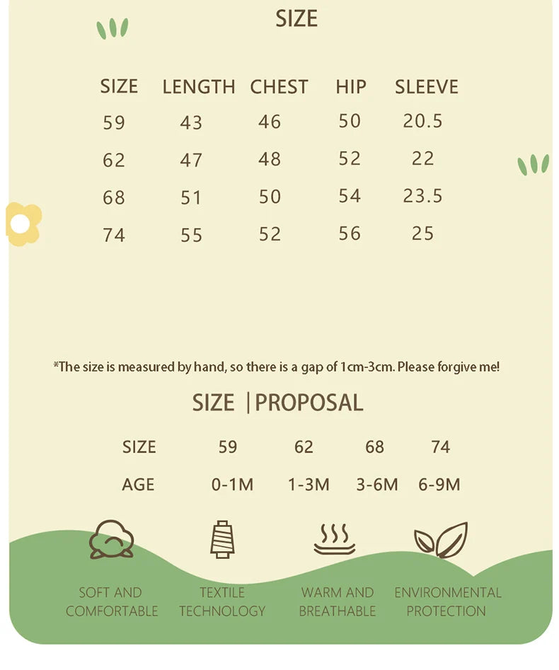 Size chart for knit footed romper for infants showing measurements for ages 0-9 months with soft breathable fabric