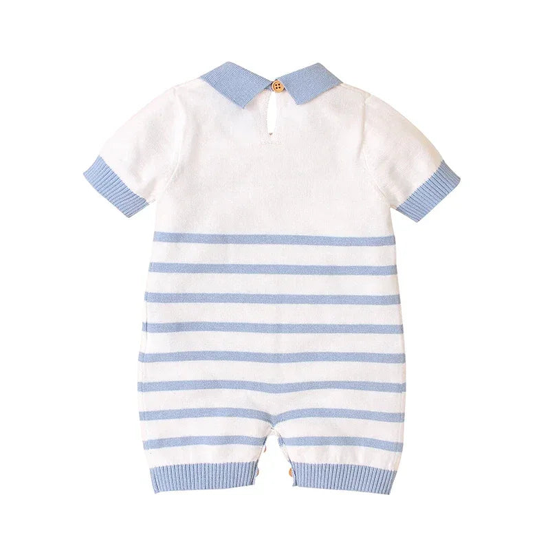 Baby boys knit romper in white and blue stripes with short sleeves and collar for newborns