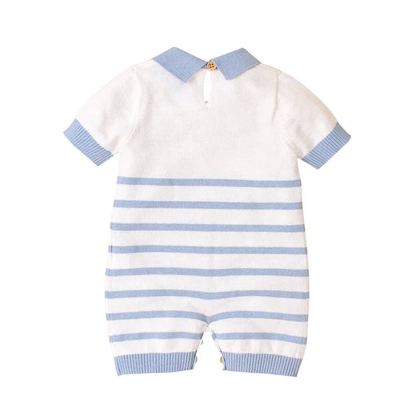 Baby boys knit romper in white and blue stripes with short sleeves and collar for newborns