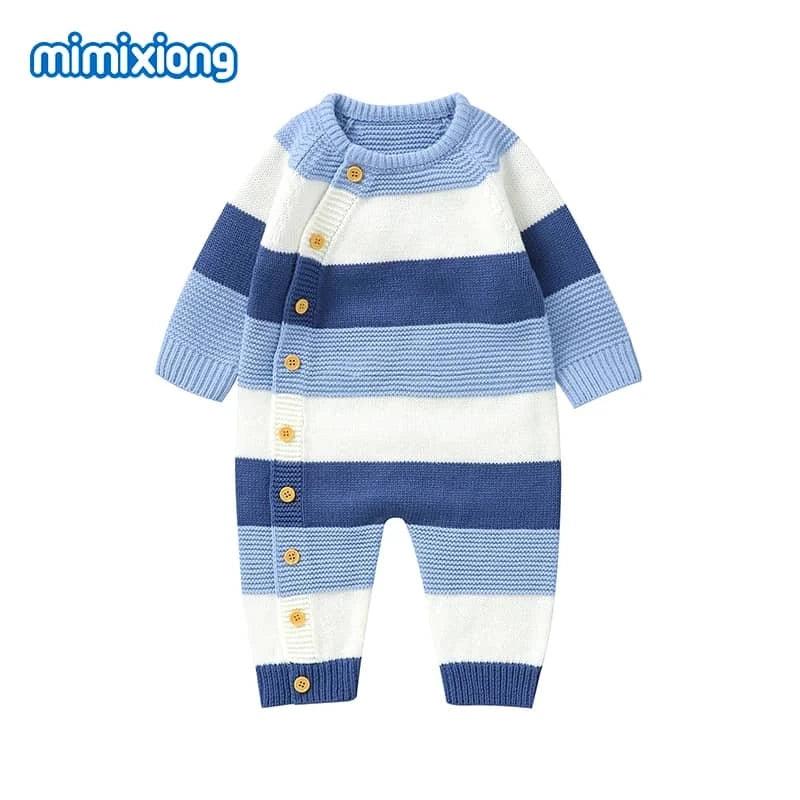 babies blue and white striped knit romper with wooden buttons and long sleeves
