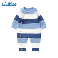 babies blue and white striped knit romper with wooden buttons and long sleeves
