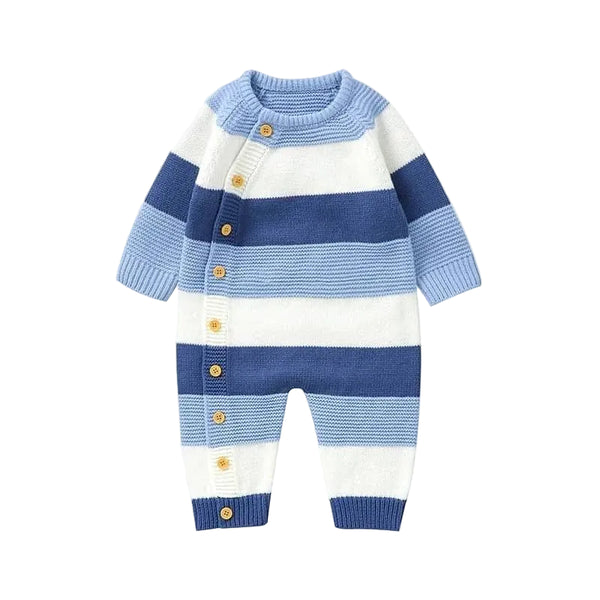 babies blue and white striped knit romper with wooden buttons and long sleeves