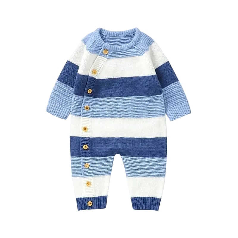 babies blue and white striped knit romper with wooden buttons and long sleeves