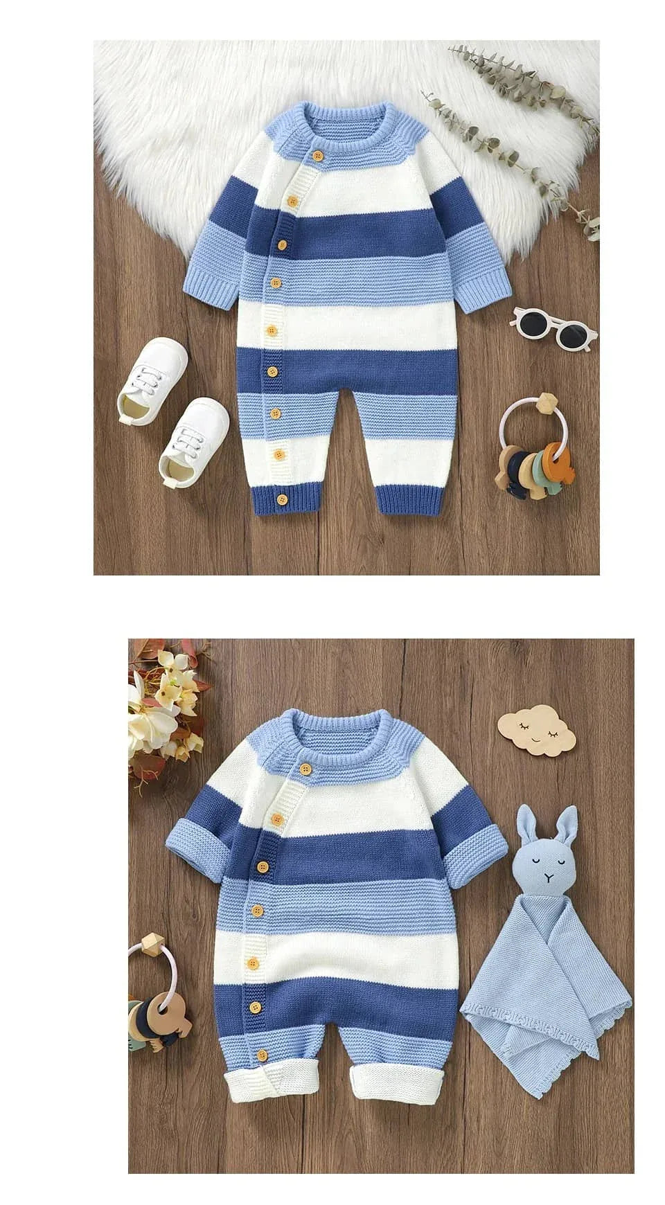 Blue and white striped knit romper for babies with button details long sleeve and pant legs