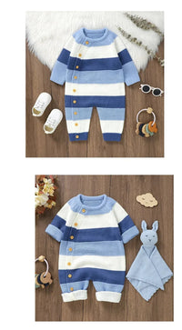 Blue and white striped knit romper for babies with button details long sleeve and pant legs
