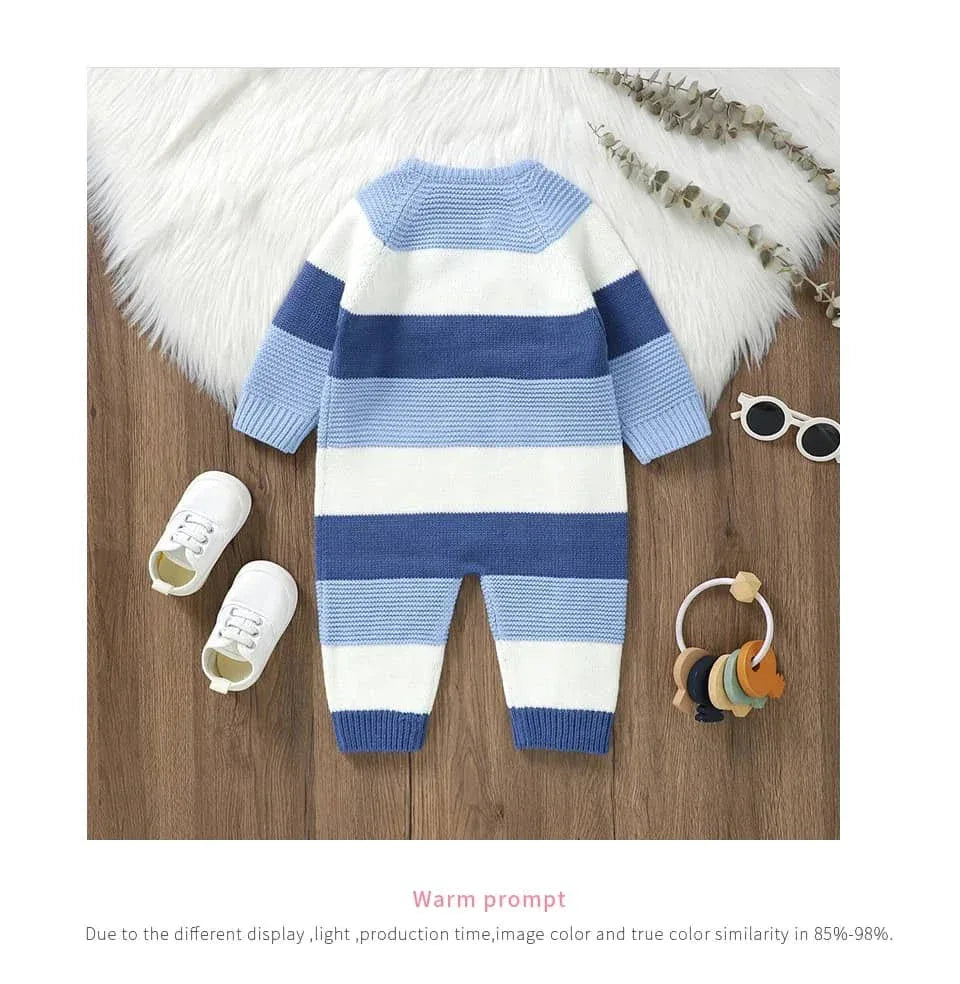 blue and white striped knit romper for babies with long sleeves and ribbed cuffs