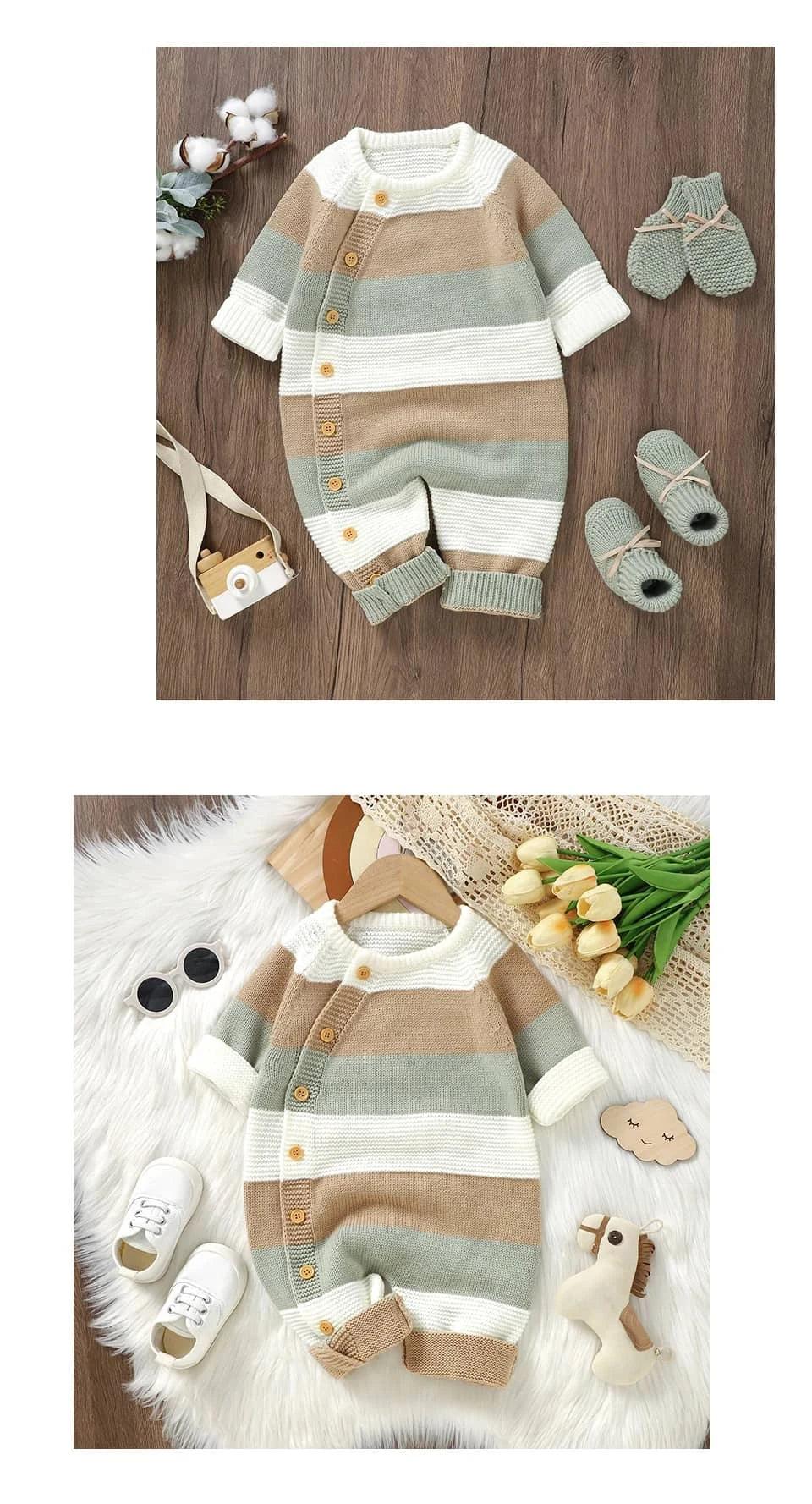baby knit romper in beige green and white stripes with long sleeves and button details for newborns
