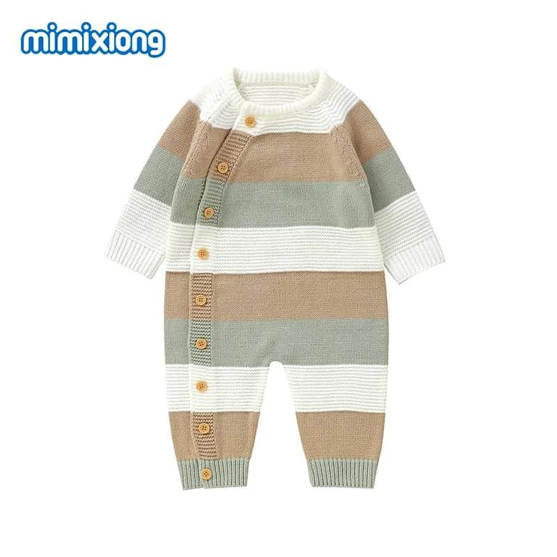 Baby knit romper in beige gray and white stripes with button closure and long sleeves