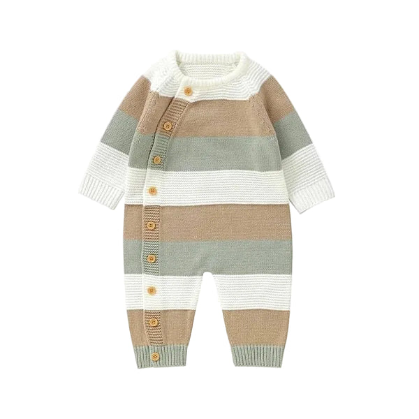 Baby knit romper in beige gray and white stripes with button closure and long sleeves