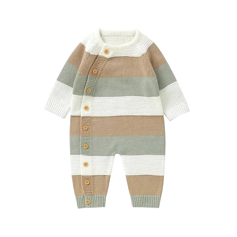 Baby knit romper in beige gray and white stripes with button closure and long sleeves