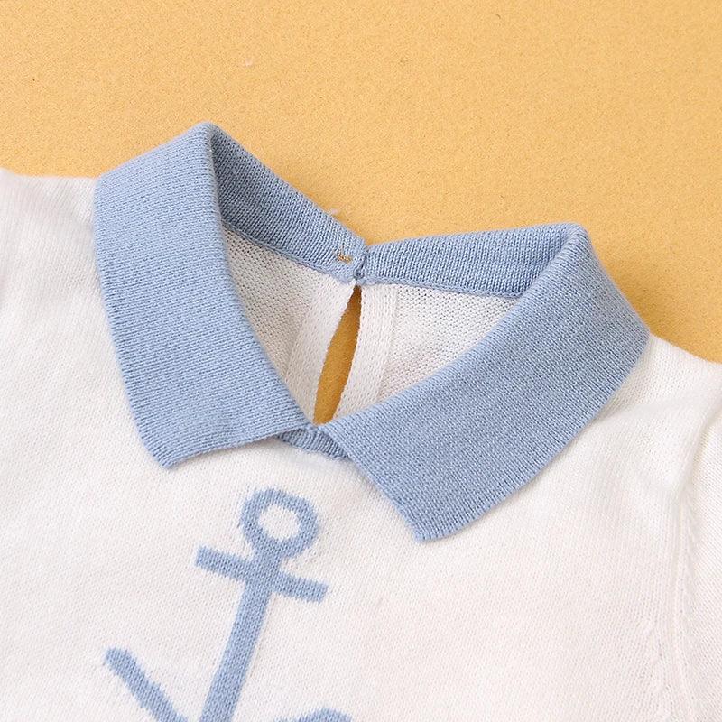 baby blue and white knit romper with collar and anchor design for infants