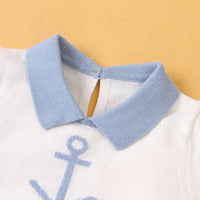 baby blue and white knit romper with collar and anchor design for infants