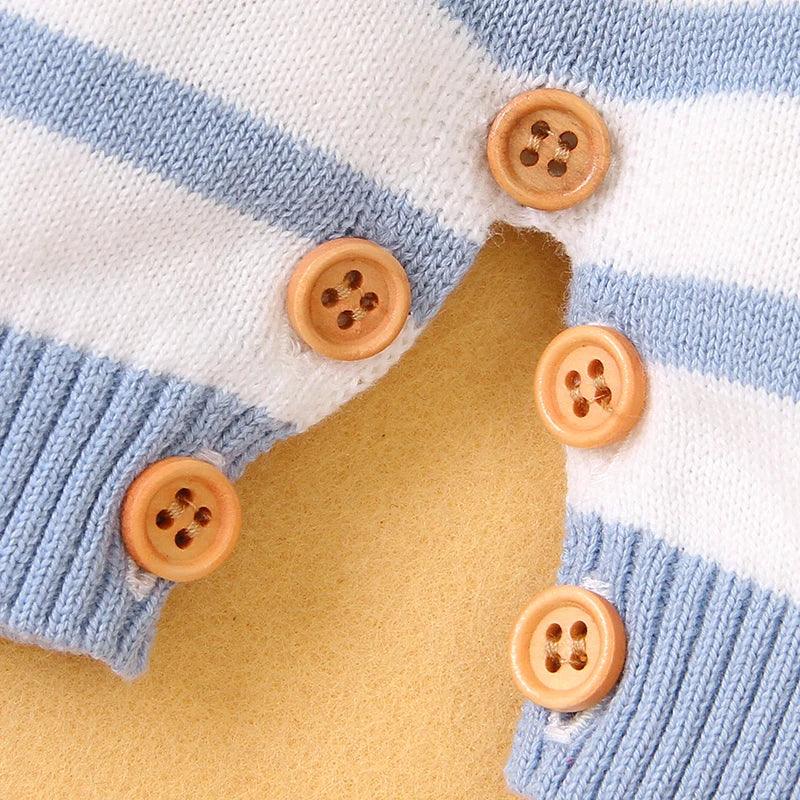 baby blue and white striped knit romper with wooden buttons for infants