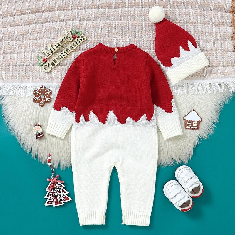 Baby red and white knit romper with matching hat and white shoes for infants