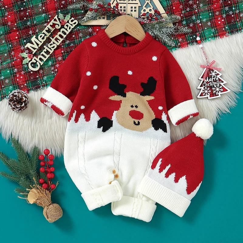 Red and white knit romper for babies with reindeer design and matching hat, festive holiday outfit
