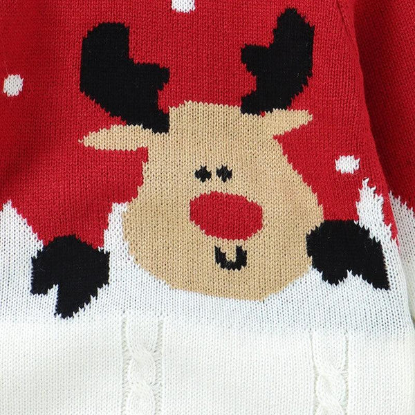 baby red white knit romper with reindeer design perfect for holiday season