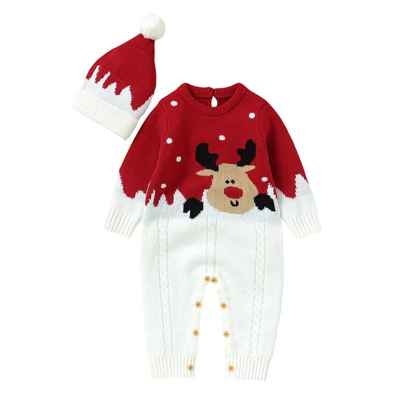 baby knit romper in red and white with reindeer design and matching pom pom hat