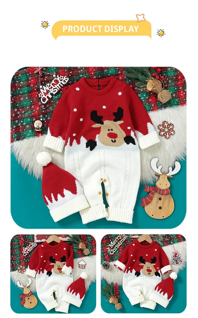 Baby knit romper in red and white with reindeer design and matching hat for infants