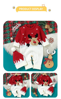 Baby knit romper in red and white with reindeer design and matching hat for infants