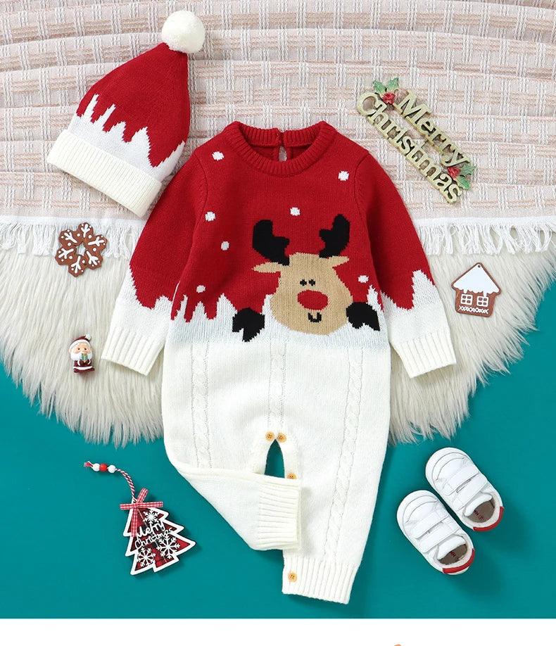 Baby red and white knit romper with reindeer design and matching red and white hat for infants
