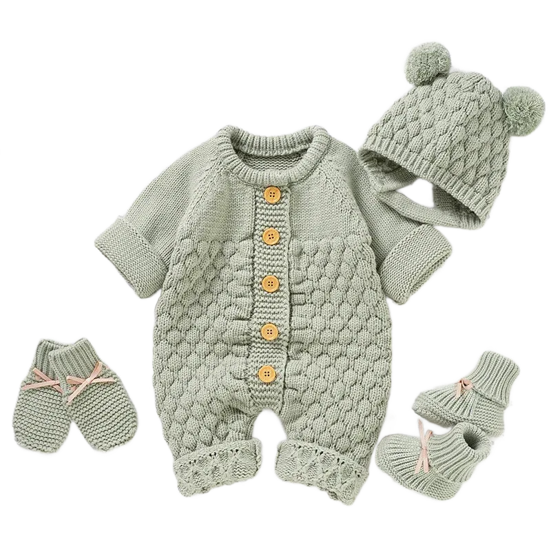 Green knit romper set for babies with wooden buttons, matching hat with bear ears and mittens