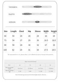 Size chart for babies and kids knit romper set showing measurements for length chest hip sleeve width and height
