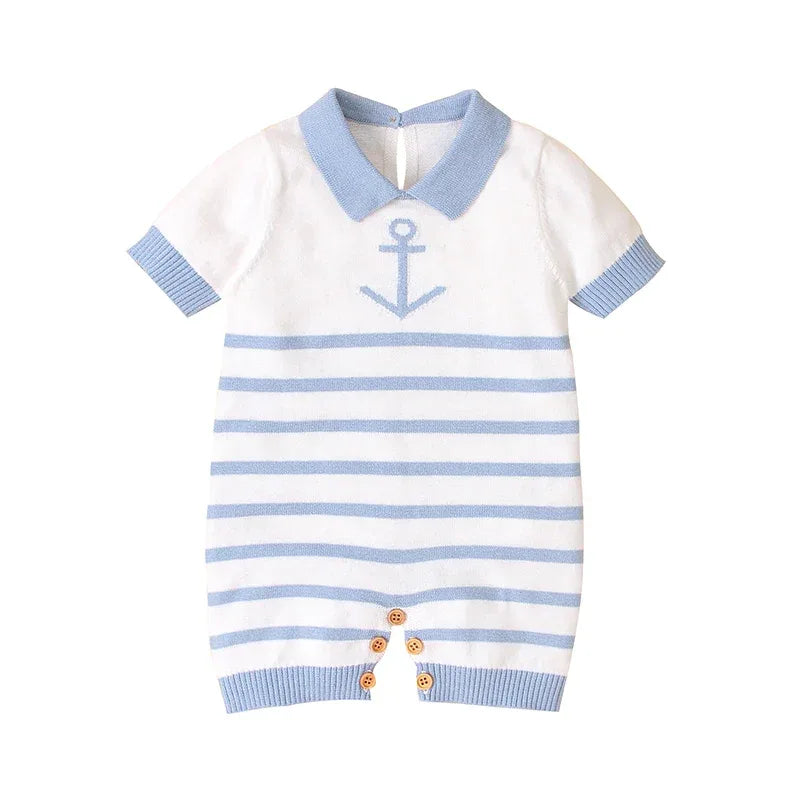 baby boys white and light blue knit romper with anchor design and short sleeves