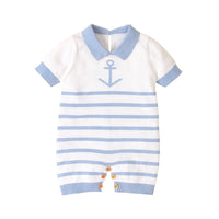baby boys white and light blue knit romper with anchor design and short sleeves